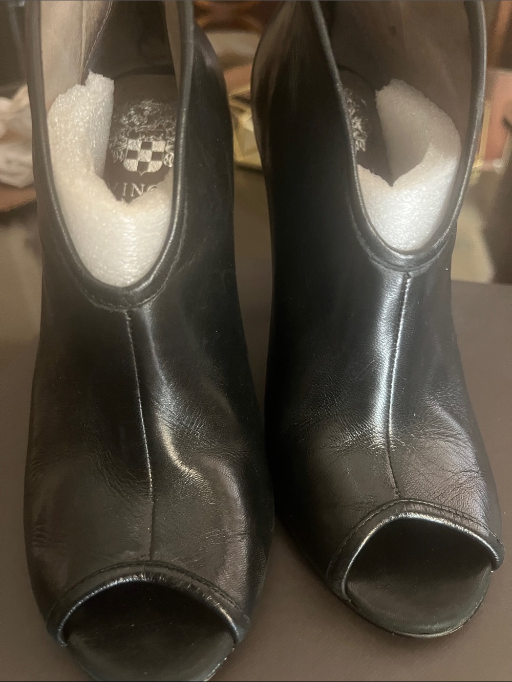 Vince Camuto Black Leather Peep-Toe Ankle Boots